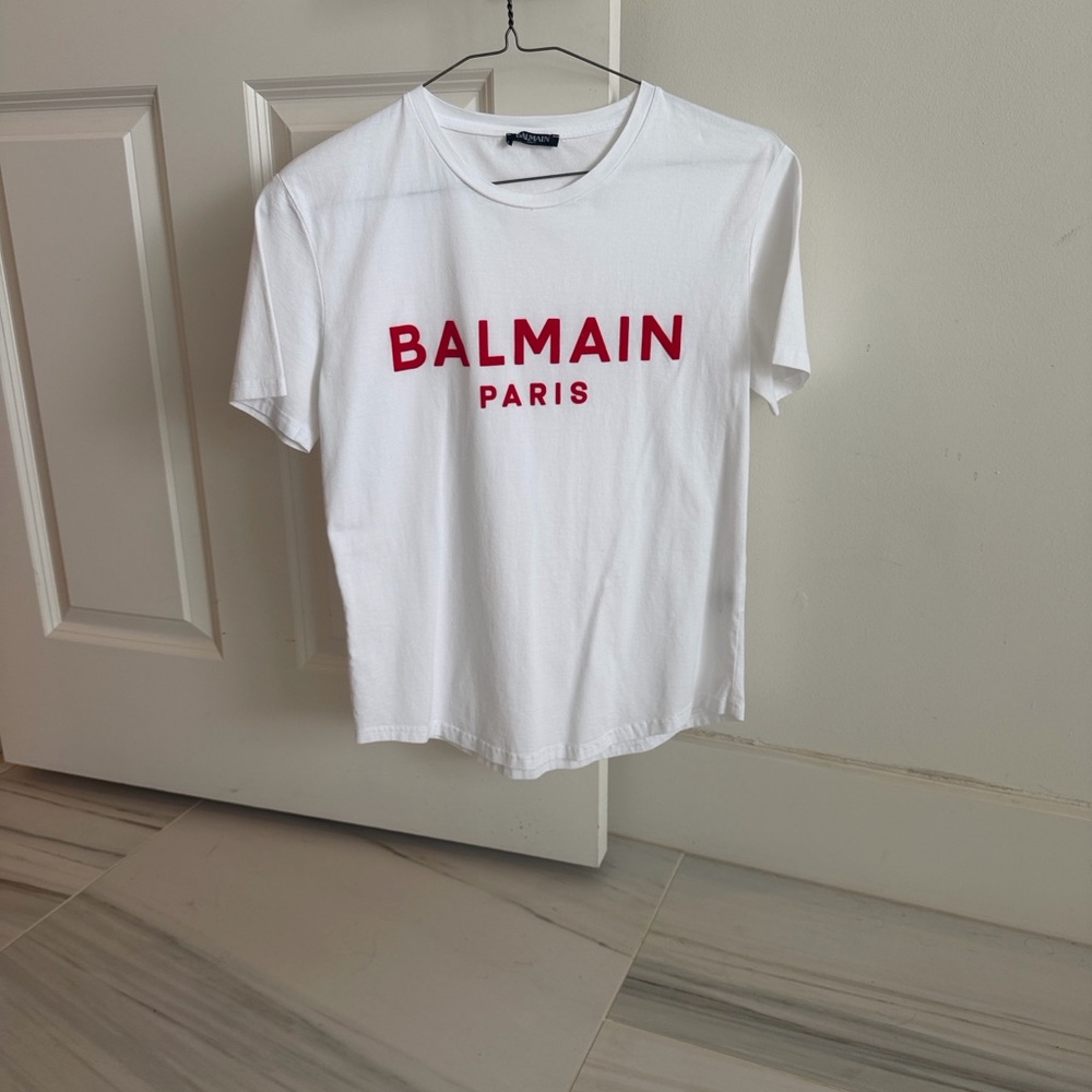 Balmain White Short Sleeve Tee with Red Logo - Picture 2 of 6